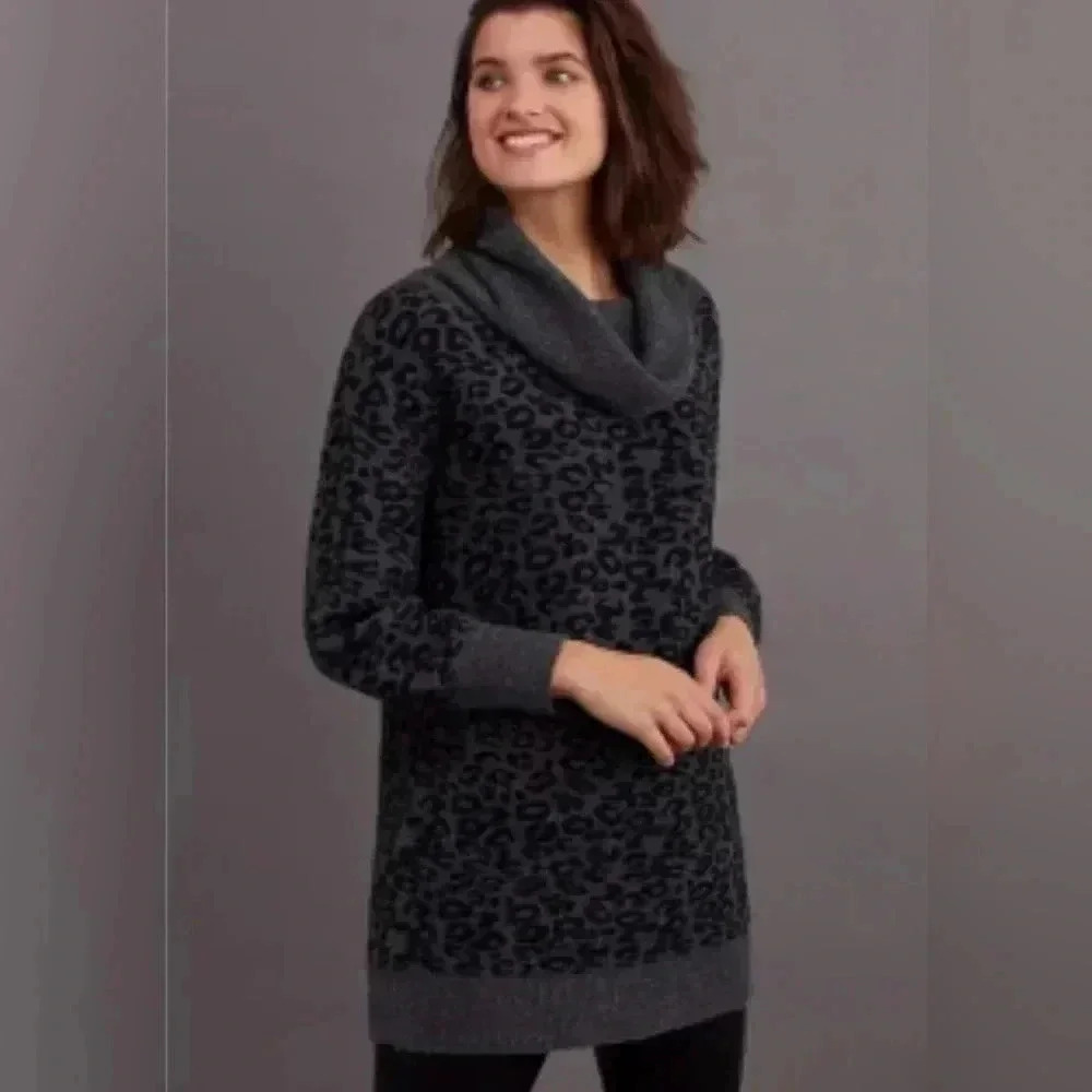 Anthropologie Emmy Cowl Neck Leopard Print Charcoal Gray Sweater